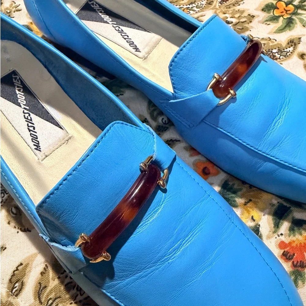 Mootsies Tootsies vintage Blue Leather Loafers Tortoiseshell Bar Flats 10M